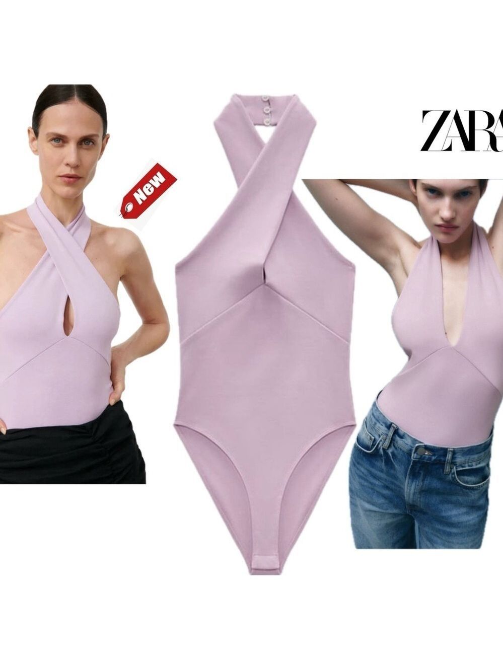 Zara lilac purple deep V plunge front twist halter bodysuit Sz M NWT - Picture 13 of 13